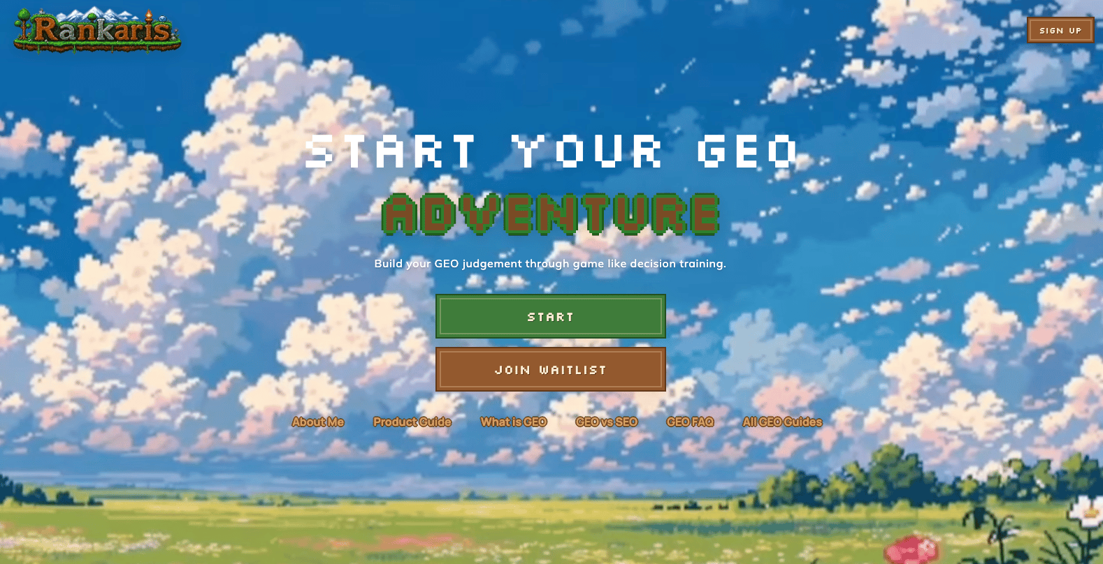 Rankaris homepage showing its game-like GEO learning experience