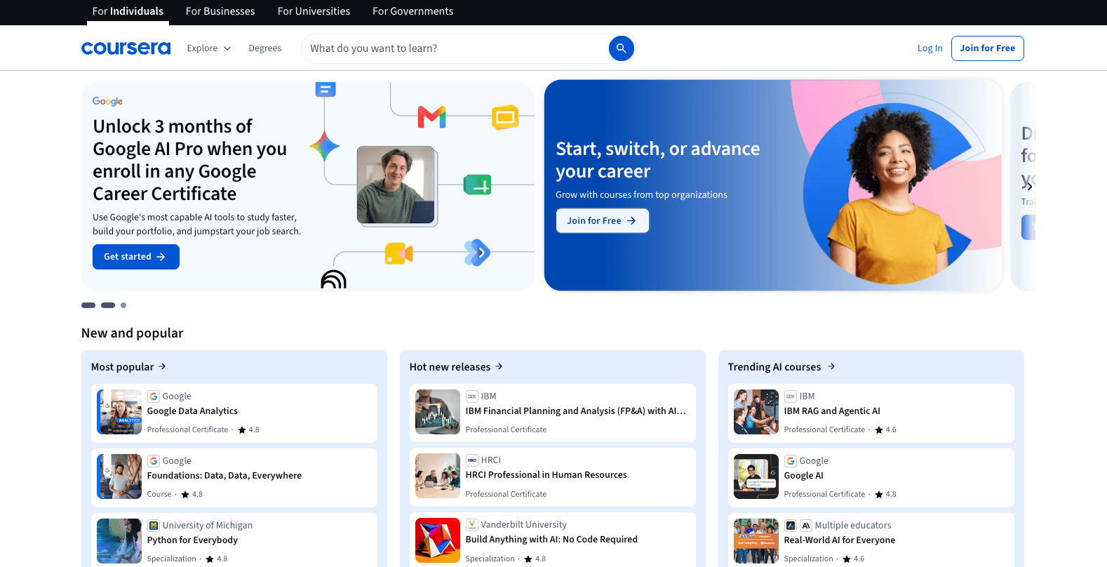 Coursera homepage showing course search, career messaging, and course collections from multiple providers